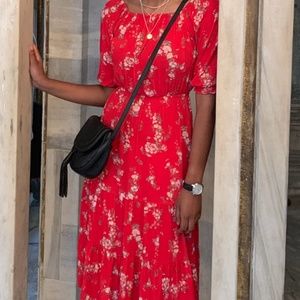 H&M Off the Shoulder Midi Red Flower Dress